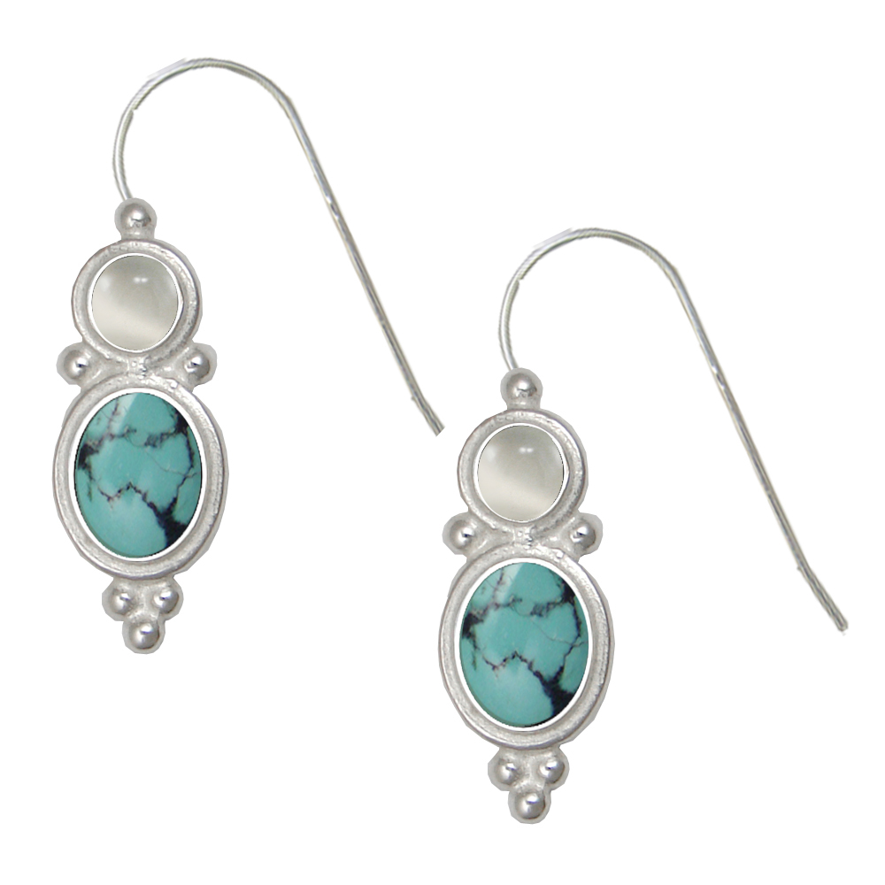 Sterling Silver Drop Dangle Earrings Chinese Turquoise And White Moonstone